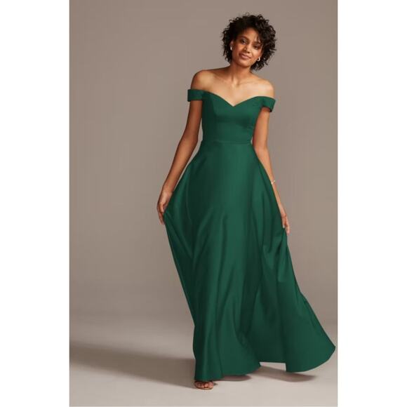 💚 David’s Bridal Satin Off-Shoulder Gown – Juniper Dream, Size 22 (NWT) 💚 - Picture 1 of 5